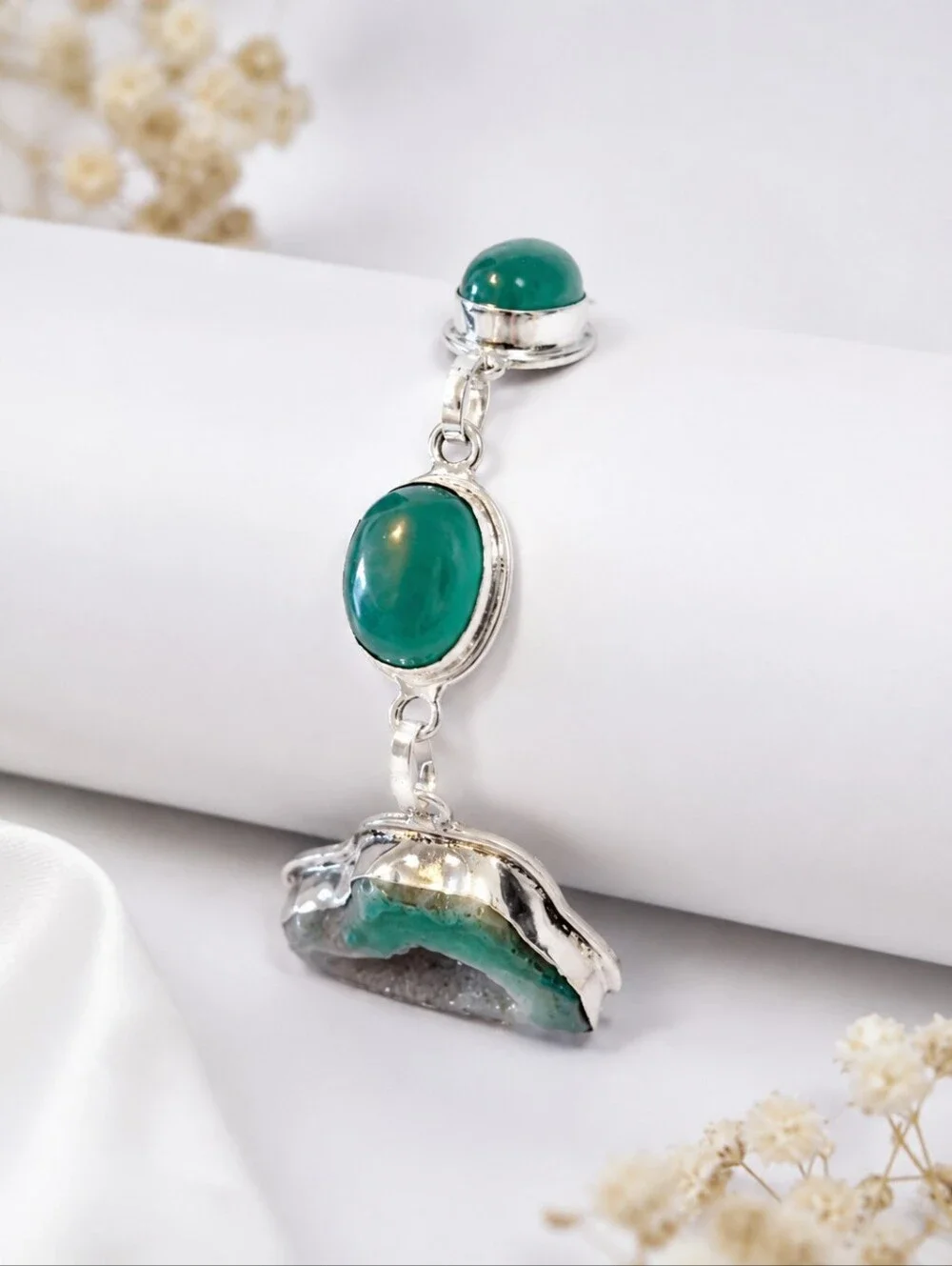 Solar Agate Druzy Bracelet | 8 Inch Green Agate Gemstone Bracelet | Silver Tone